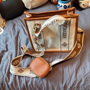 Steve Madden tan and cream mini canvas tote